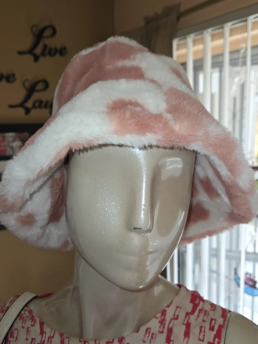 Pink White Cow Print Faux Fur Bucket Hat Plush Y2K Festival